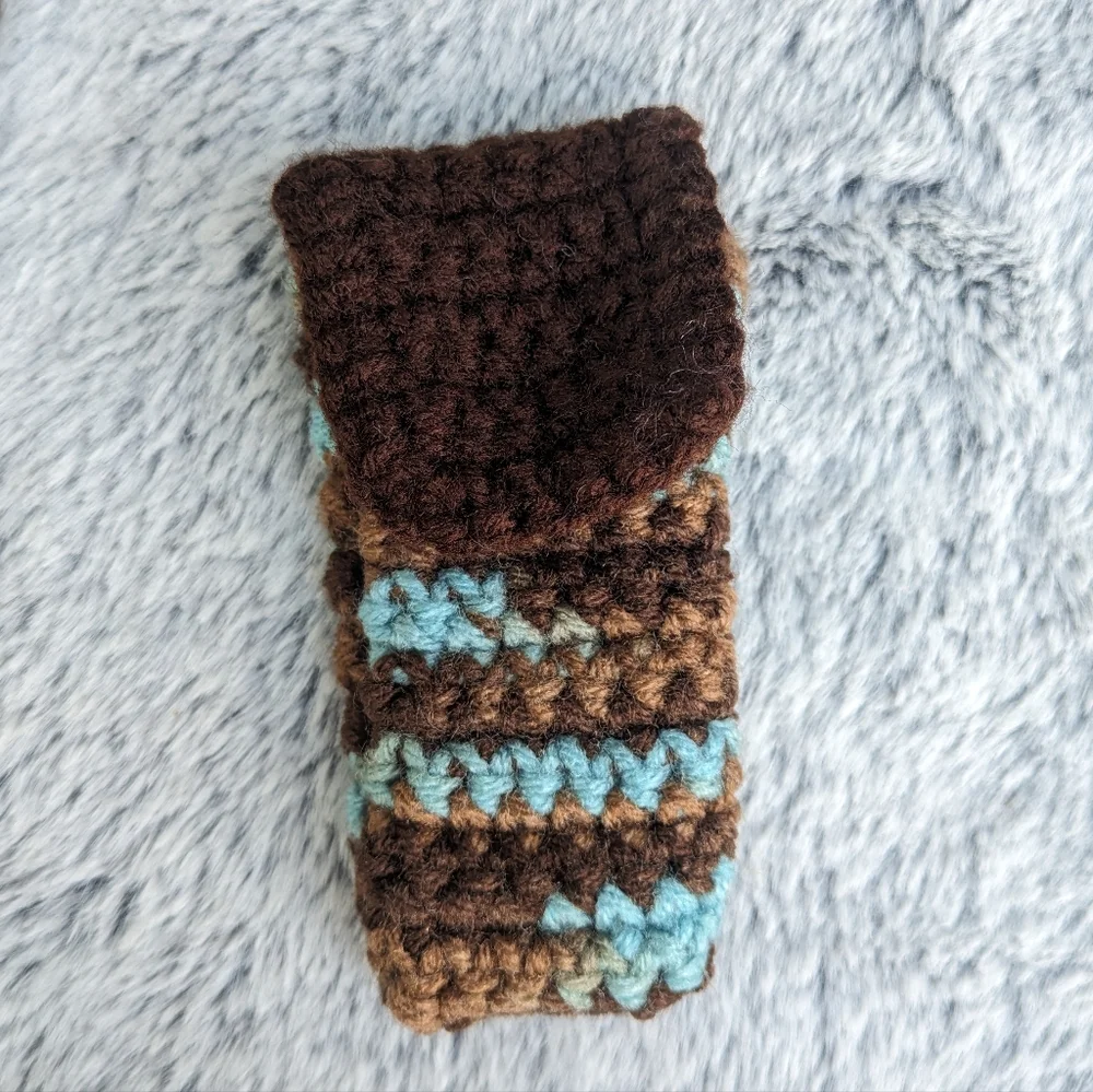 Handmade Crocheted Ripple Shoulder‎ Bag & Accessory Pouch Set Blue & Brown